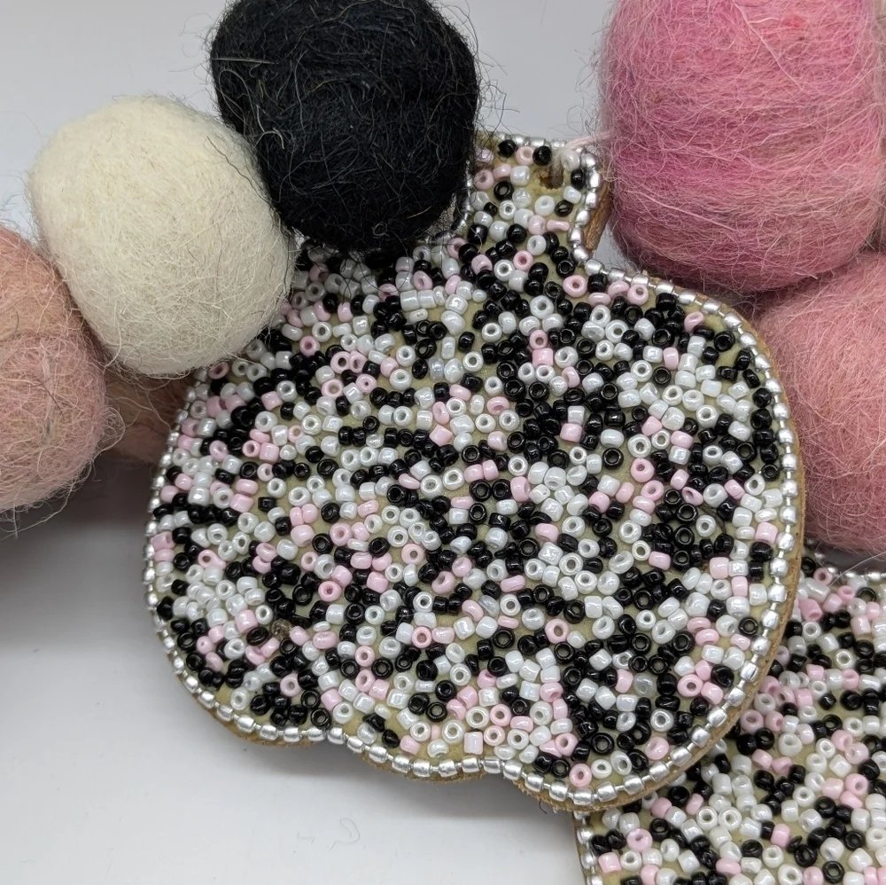 Pink Cream Black Wool Pom Pom & Beaded Wood Pumpkin Fall Garland